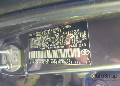 2015 Toyota Yaris Le from USA, damaged, VIN VNKKTUD31FA036804